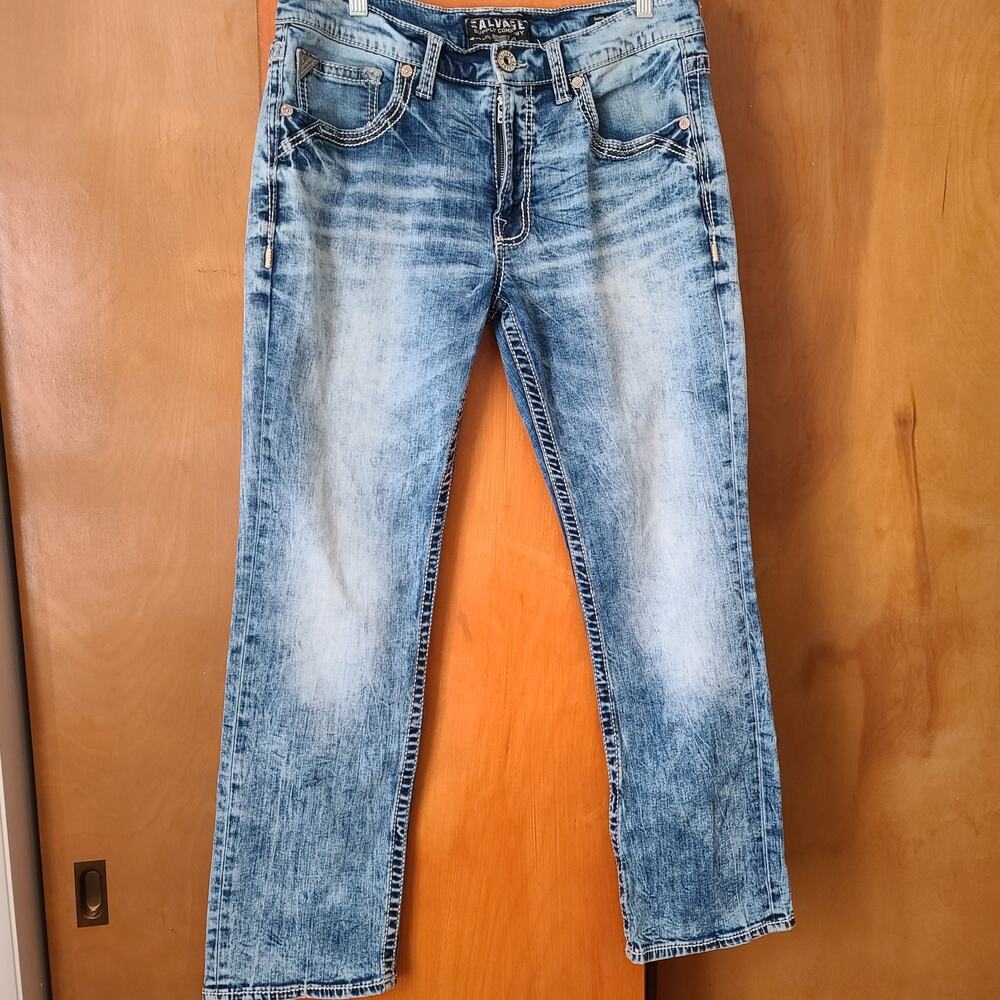 Mens Salvage Distressed Mayhem Straight Jeans 34x27 Blue - Picture 2 of 15